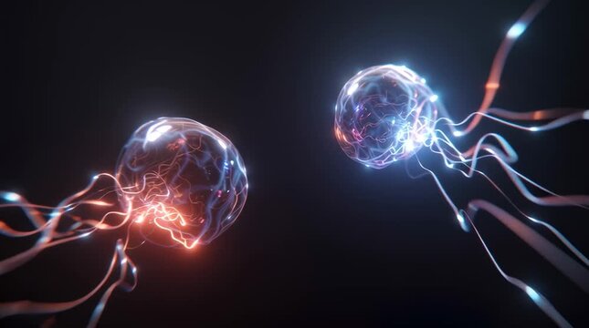 Pulsating plasma orbs metallic liquid tendrils, reacting to magnetic fields, glowing neon colors dark space, ultra-realistic fluid simulation, cinematic lighting, abstract futuristic technology