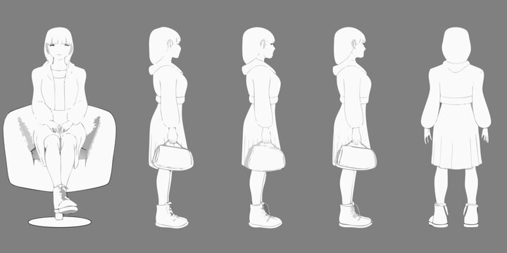 Line art depicting a woman in various poses and perspectives for design