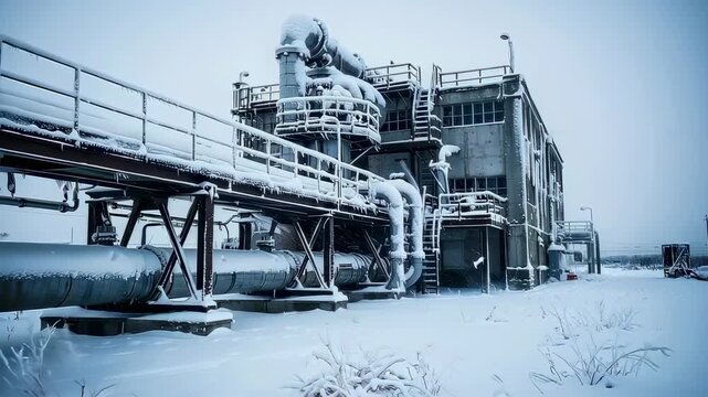 industrial facility covered in snow and ice during severe winter conditions, frozen pipes, equipment, extreme cold impacts infrastructure and production, harsh weather affecting industrial operations