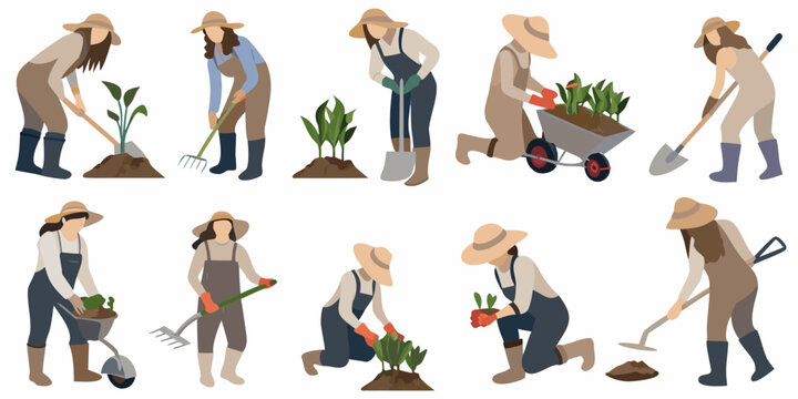Diverse group of gardeners tending to plants and soil outdoors