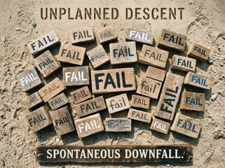 Naklejka premium Scattered wooden planks with the word FAIL printed, representing a concept of failure and unplanned descent