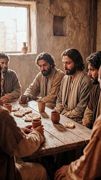 Disciples sitting thoughtfully inside modest stone house vertical video