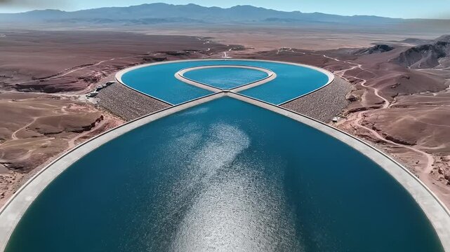 Aerial view of water storage pools in Atacama Desert Chile with desert backdrop