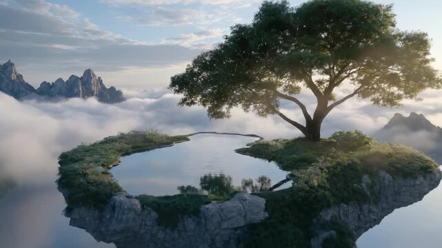 Ethereal floating island, majestic solitary tree, tranquil reflective water pond, serene spiritual landscape, dreamy mystical paradise, peaceful natural beauty, mountain peaks above fluffy clouds