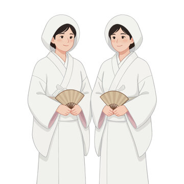 Traditional Japanese Women in Kimono Illustration Vector, Isolation with Fans for Cultural Heritage