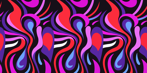 Obraz premium Vibrant Psychedelic Pattern with Swirling Shapes in Pink, Purple, Red, and Blue on Black Background