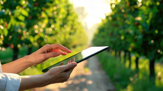 Agricultural worker uses tablet in sunny field for crop monitoring