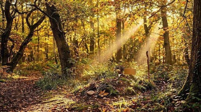 Sunlit forest natural burial mound in autumn woodland with sunlight rays through trees golden leaves mossed burial peaceful farewell