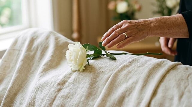 Gentle white rose on linen coffin for natural burial conveying quiet condolence and peaceful funeral remembrance
