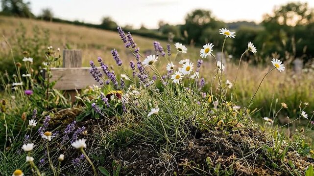 Wildflower lavender natural burial meadow with daisies and wooden marker grassy mound soft evening light evoking peaceful farewell and serene summer