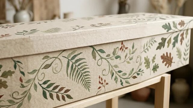 Natural burial casket with hand painted leaf pattern evoking gentle comfort rustic floral design. natural burial cardboard coffin with hand painted