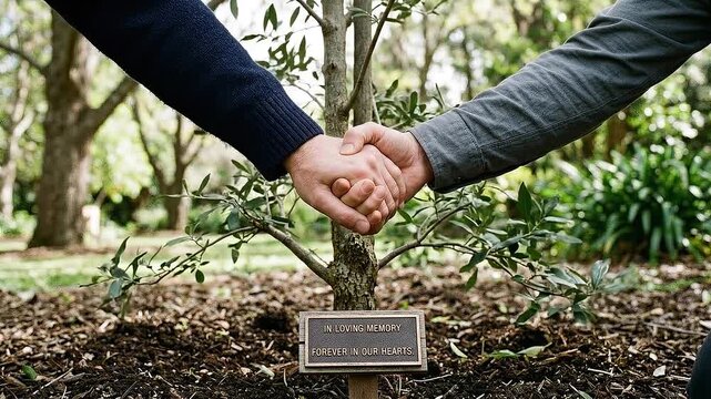 Two people holding hands over small memorial tree natural burial site with plaque reading loving memory forever our hearts and two hands holding over