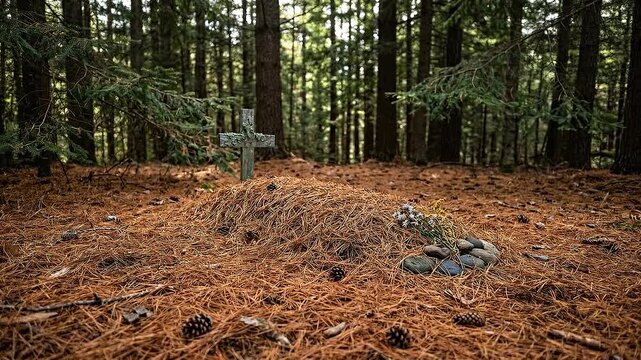 Natural burial forest grave covered with pine needles moss carpet and stones, simple wooden cross in pine woodland evoking quiet respectful reflection