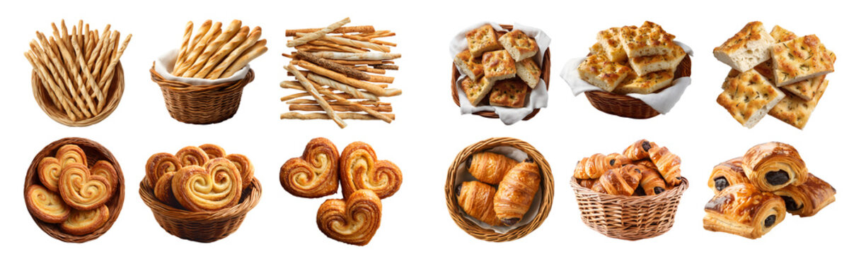 Set of Palmier cookie, Pain au chocolat chocolate croissant, Grissini breadstick, focaccia flatbread, 4 bread bun biscuit pastry pile stack, rattan basket on transparent cutout PNG. Mockup for design