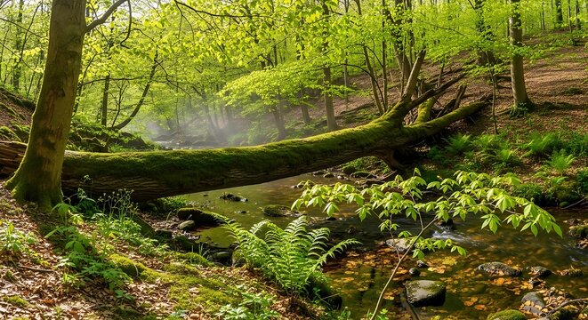 A fallen tree lies across a small stream in a forest