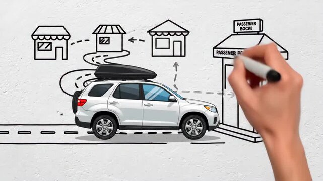 Whiteboard animation showing border crossing process with route diagram, vehicle approaching checkpoint and movement flow, illustrating travel procedure, inspection stages and navigation concept