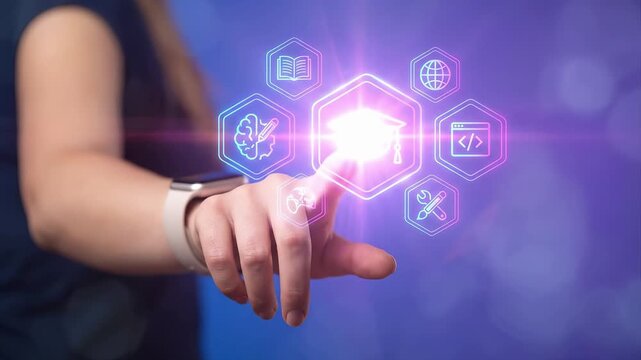 Finger touching glowing digital education symbols including book brain globe and coding interface. Smart learning platform and online technology for academic skill development and knowledge growth