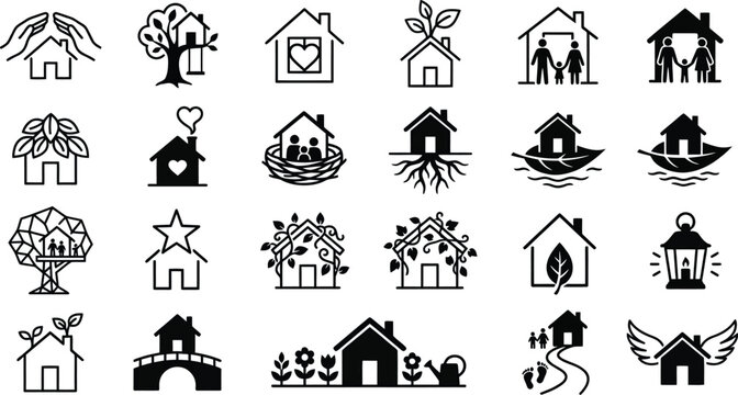 Family home and parenting icon pack with minimalist black line vectors featuring parents, houses, roofs, trees, hearts, leaves, sprouts, and symbolic family protection concepts.