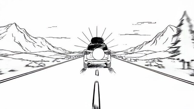 Whiteboard style animation of car driving along empty road toward horizon with sun rays, symbolizing freedom, travel journey and new opportunities after successful border crossing