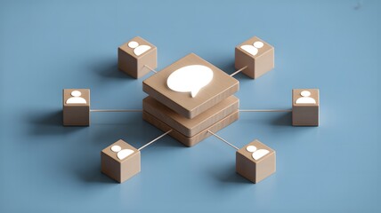 Fototapeta premium Conceptual social network with connected users and central message hub on light blue backg