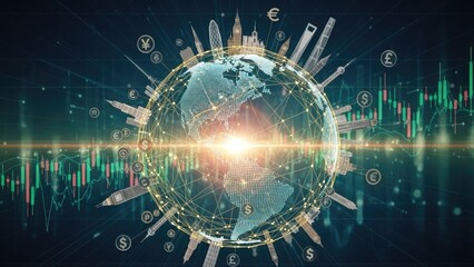 Global economic visualization; world landmarks circle a shining globe
