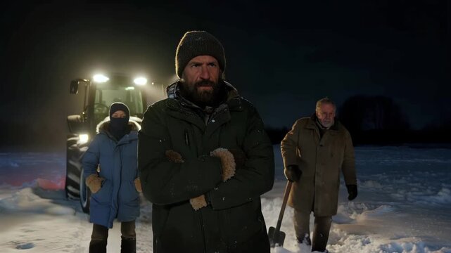 farmers walk across frozen field at night with tractor lights behind, severe frost has destroyed crops and seedlings, agricultural loss and food shortage risk, extreme cold impacts rural livelihood