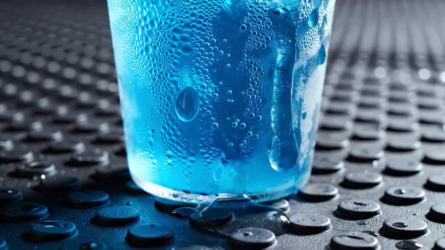 Close-up of a glass of blue liquid, beaded with condensation, on a textured surface