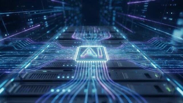Ai processor chip on digital circuit board with glowing neural network data streams and server infrastructure. Artificial intelligence machine learning and advanced computing technology