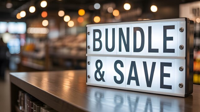 Illuminated Bundle and Save sign promoting a special offer in a bright retail store
