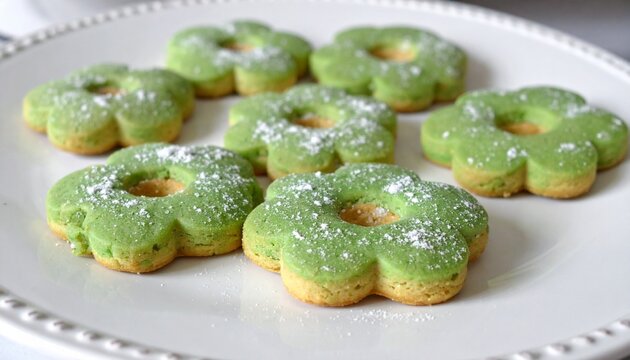 Green flower shaped cookies dusted with sugar sit on a decorative white plate Beautifully crafted green flower shaped cookies are displayed on a white plate with a decorative edge 