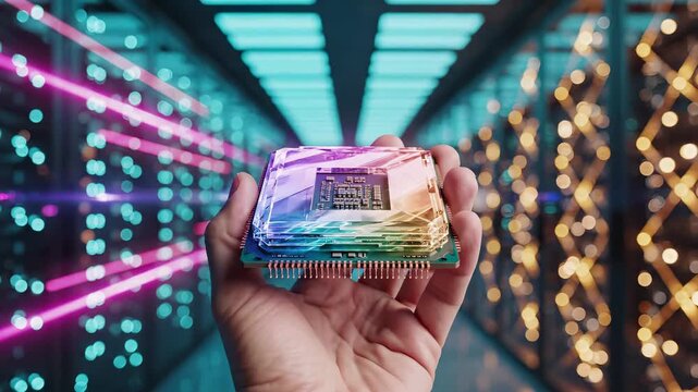 Hand holding advanced cpu processor chip in data center facility. Semiconductor microchip technology and ai computing hardware for next generation digital infrastructure and innovation