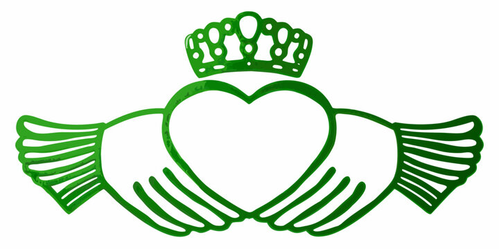 A green claddagh symbol featuring a heart hands and a crown