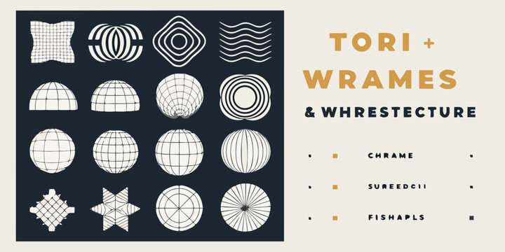 Abstract geometric shapes and text featuring tori wrames and whresecture
