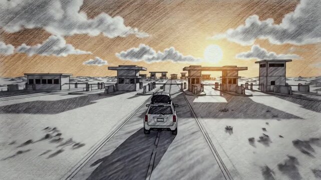 Whiteboard animation of car approaching border checkpoint at sunset, wide view illustrating travel journey, border crossing process, transport flow and checkpoint control concept