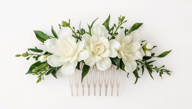 Elegant white gardenia floral hair comb with greenery accents on white background for bridal or special occasions
