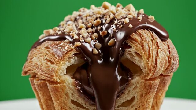 Decadent Chocolate Hazelnut Cruffin Close Up Macro Shot with Creamy Filling and Toasted Nut Topping on Green Screen Background