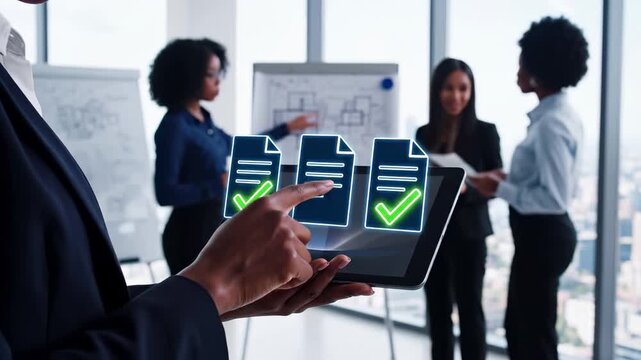 Business professional using tablet with digital document approval icons and checkmarks in modern office meeting room. Corporate team management and compliance verification workflow for process
