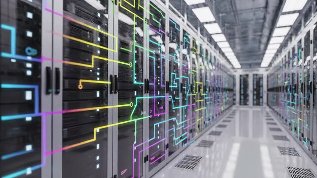 data center server room corridor with rows of rack hardware and digital network flowchart. Cloud computing infrastructure and big processing system for enterprise it storage and internet hosting