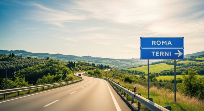 Winding Asphalt Road With Directional Signs To Roma And Terni Under Sunny Sky
