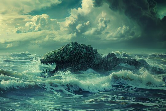 Scary sea monster in dark depths of deep blue ocean