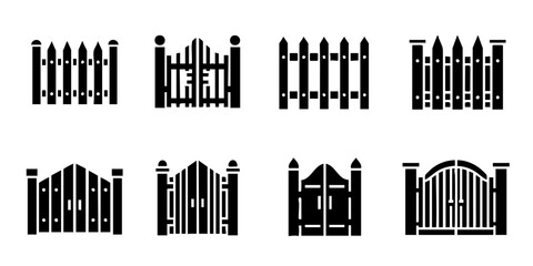 Obraz premium Various wooden fence and gate designs are shown in black silhouette on white background