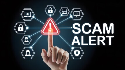 Fototapeta premium A human hand points to a bright red scam alert warning symbol surrounded by various digita