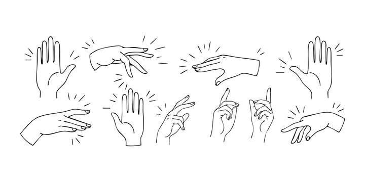 Various hands are gesturing with fingers and palms in illustrations.