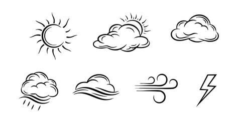Obraz premium Weather icons display sunny, cloudy, rainy, windy, and stormy conditions