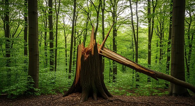 A large tree broken in half in a forest