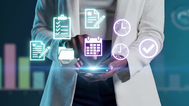 Professional holding smartphone with digital icons. calendar checklist clock document and folder. Business time management and task planning system for productivity scheduling and workflow