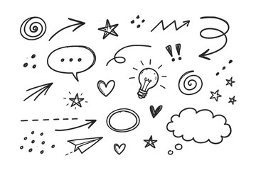 Obraz premium Hand drawn doodle icons, arrows, stars, hearts, lightbulb, and symbols.