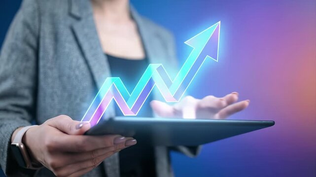Business professional holding tablet with digital upward arrow line chart rising. Financial growth analytics and investment performance visualization for market trend increase and corporate revenue