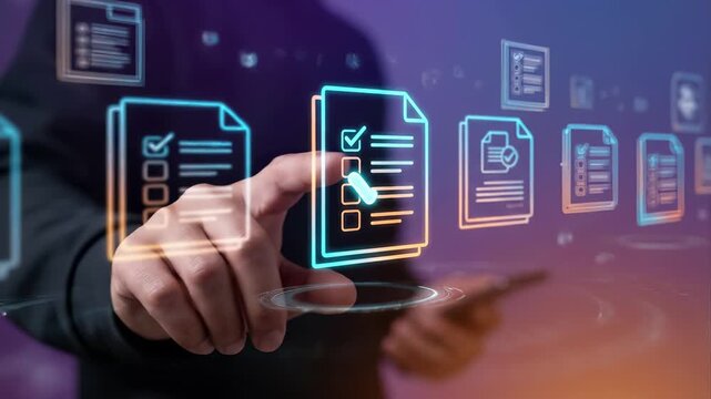 Business professional touching glowing digital document checklist icons. Business management and task workflow system for paperless compliance audit and form processing