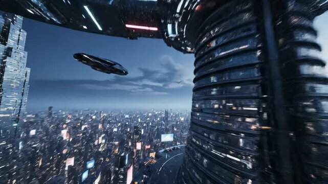 Futuristic Cityscape With Tall Towers And Flying Vehicle During Dusk With Blue Sky And City Lights